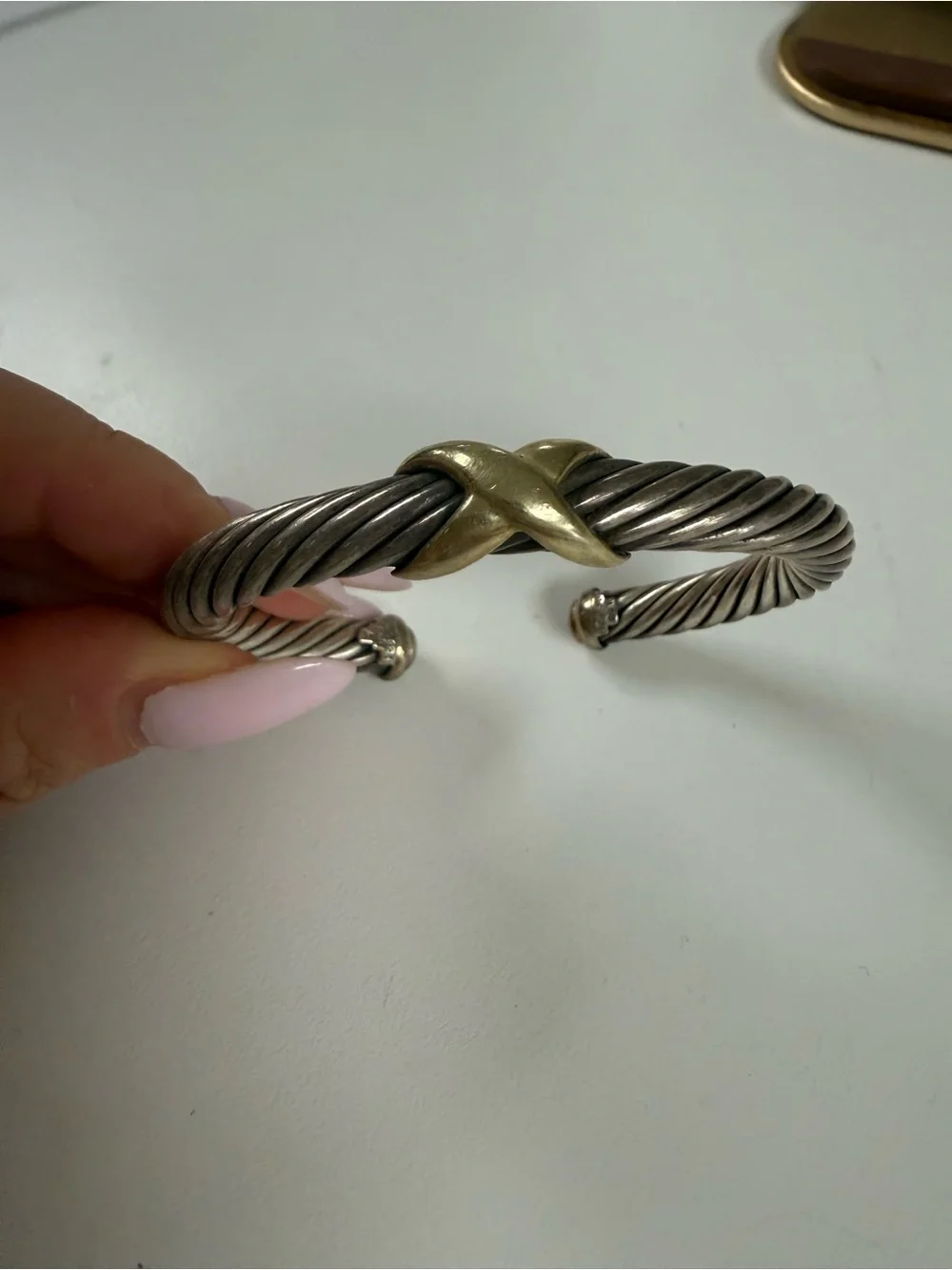 David Yurman Silver Cable Cuff Bracelet with Gold X Accent - Picture 3 of 7